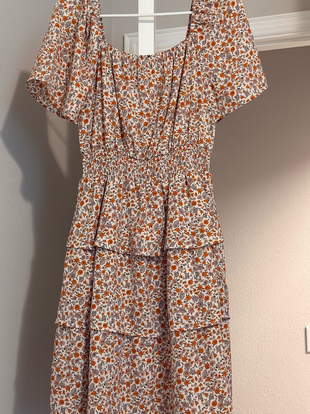 Floral Square-Neck Smocked Waist Mini Dress - Orange Floral